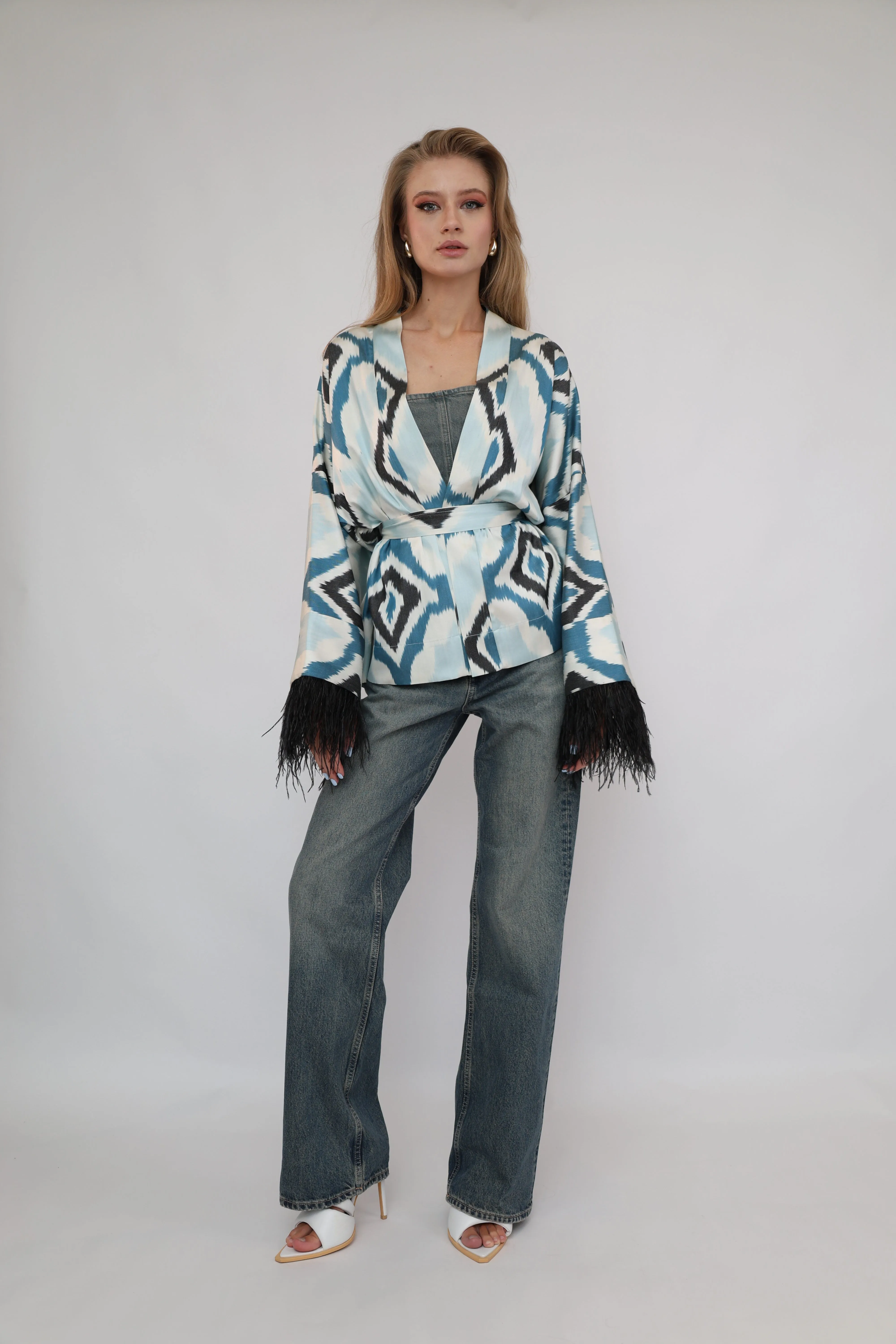 85% Silk Blue  Mini Kimono With Black Feathers