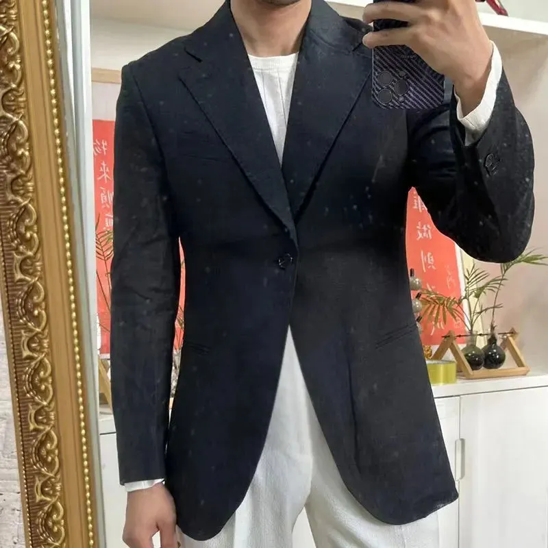 Aidase British Style Men Italian Linen Wide Collar Versatile Blazer Hombre Suit Chaqueta Hombre Prom Blazer Men Blazer Vintage Burgundy