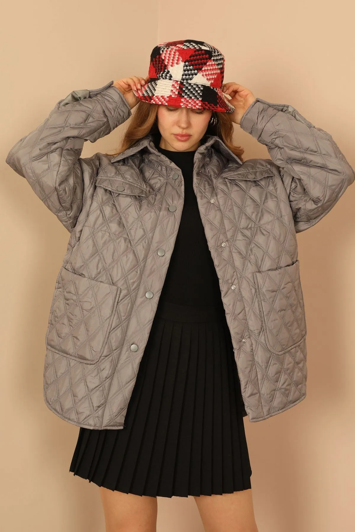 KKT Quilted Fabric Double Stitch Pattern Women Coats-Grey - New Albany