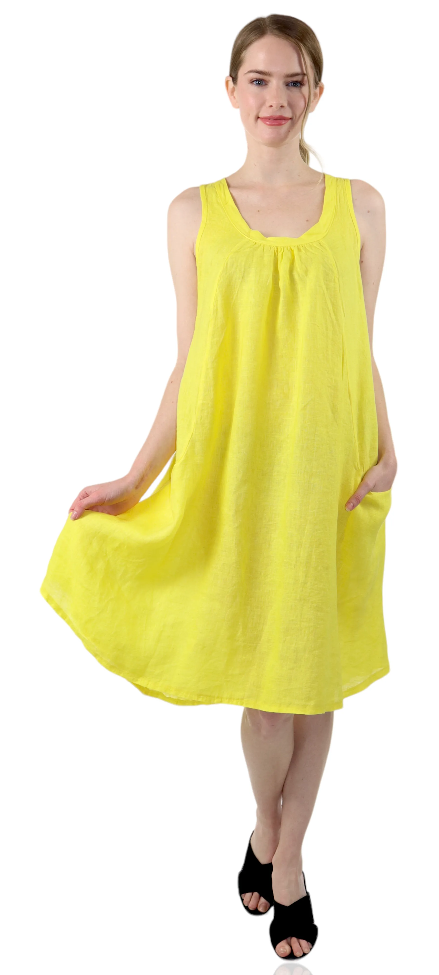 Linen Sleeveless Midi Dress with Bowtie Back and Front Pockets, 100% Natural Linen