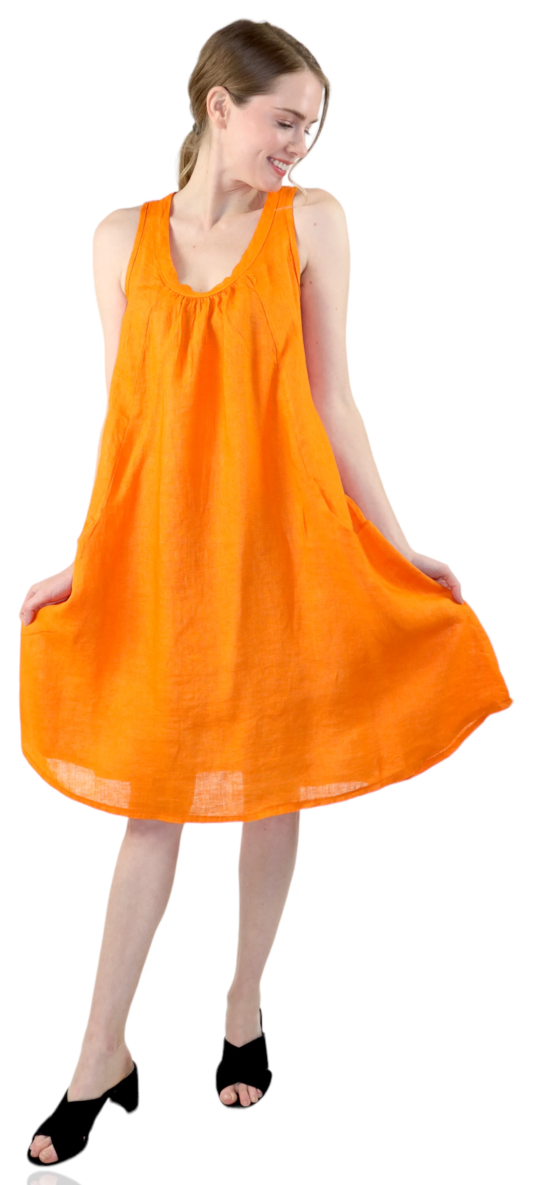Linen Sleeveless Midi Dress with Bowtie Back and Front Pockets, 100% Natural Linen