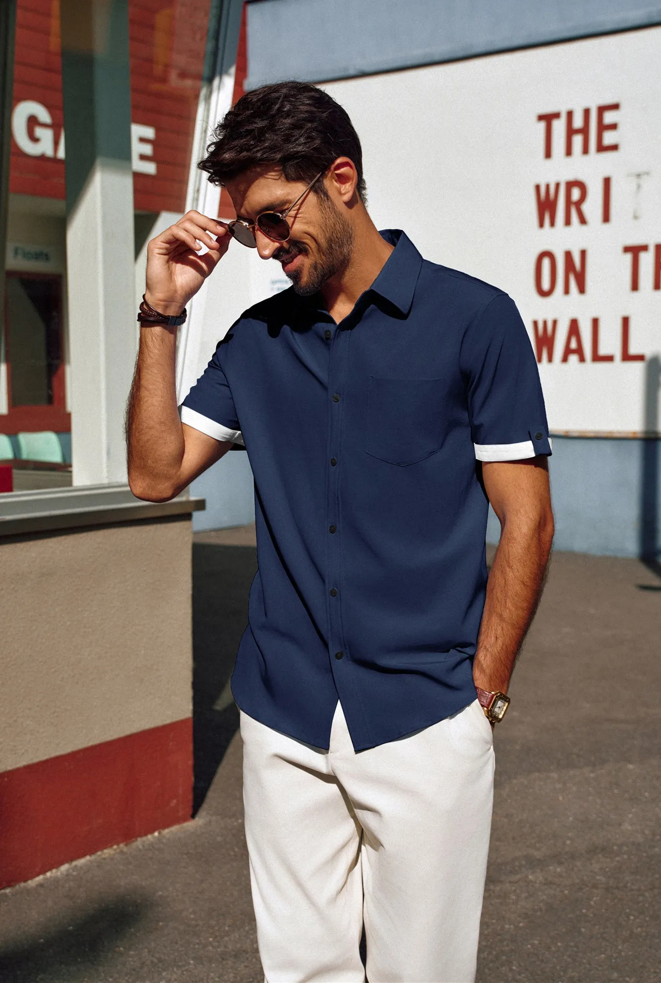 Men Straight Shirt Casual Short Sleeve Lapel Collar Button-up Tops