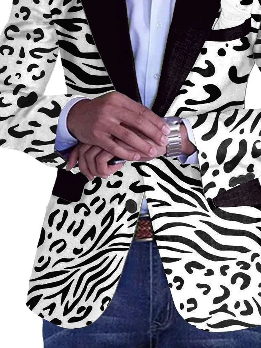 Men's Black And White Leopard Print Contrast Lapel Casual Blazer