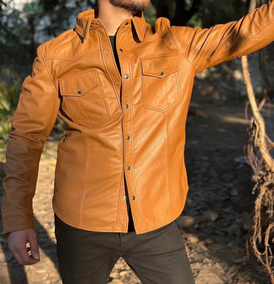 Rocky Genuine Tan Leather Shirt Jacket Men Biker Motorcycle