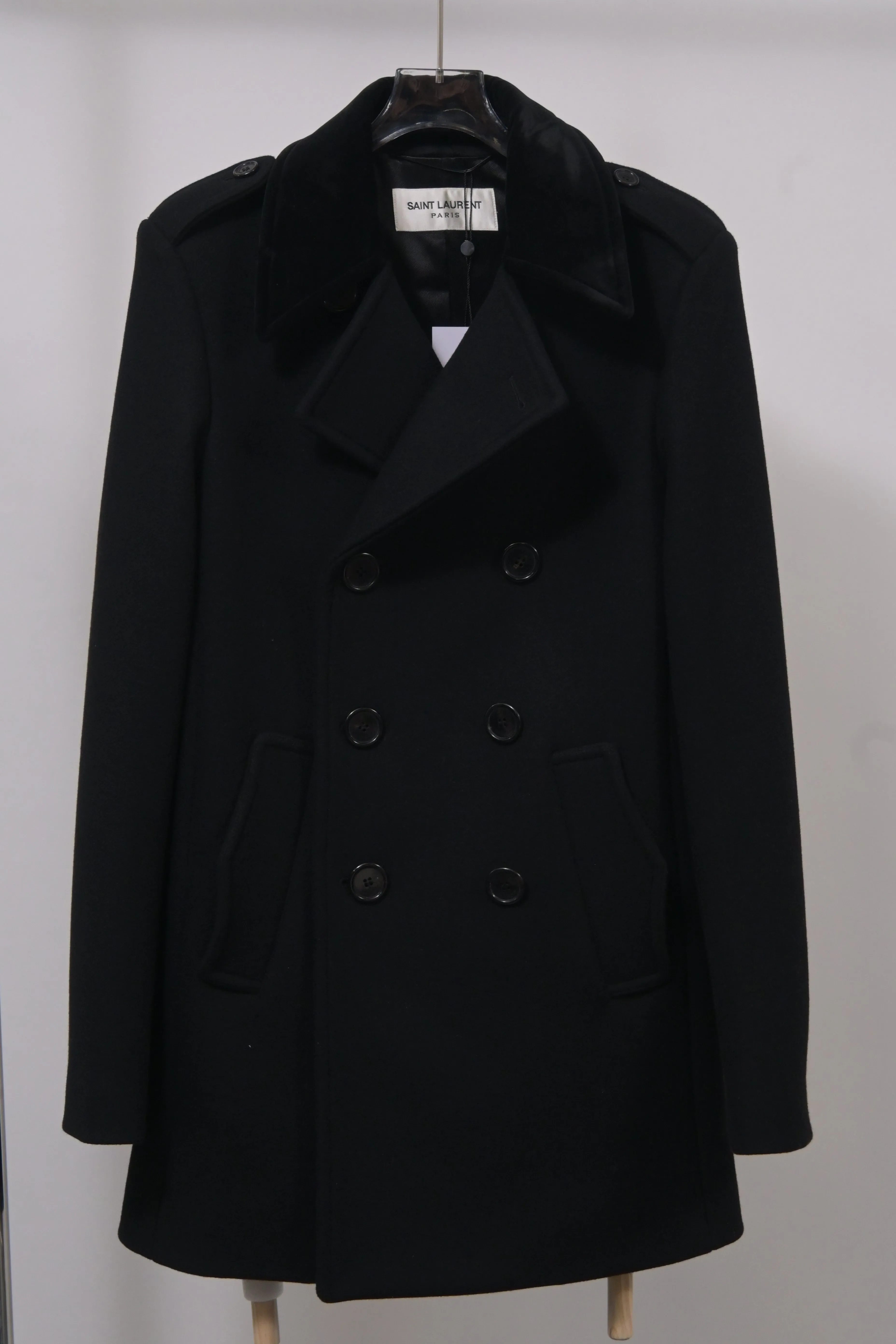 Saint Laurent Double-Breasted Short Coat in Black Wool