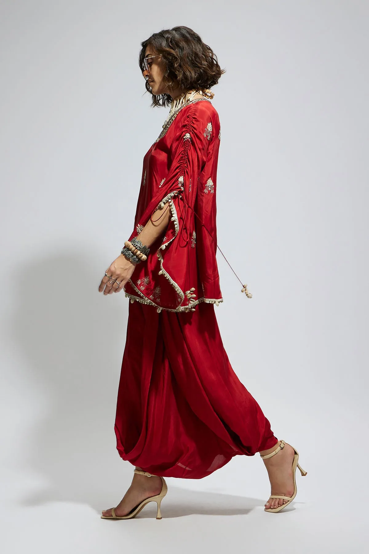 Terracotta Embellished Cape Top Paired with Terracotta Drape Skirt