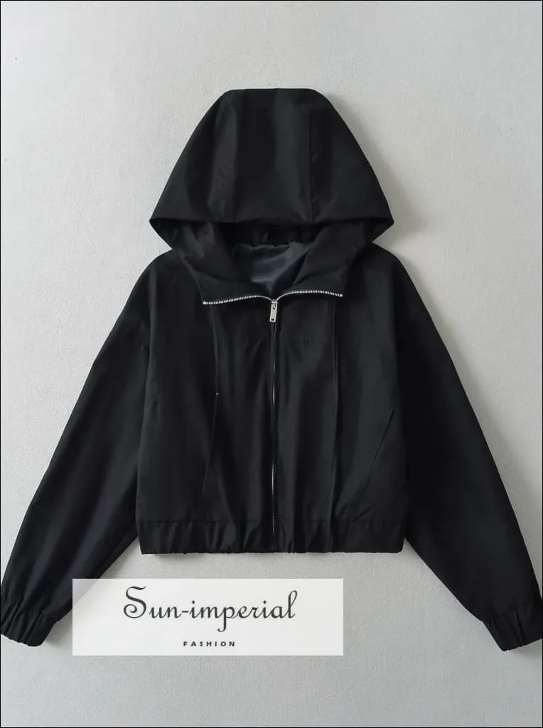 Women's Drawstring Hooded Cropped Jacket with Front Zipper